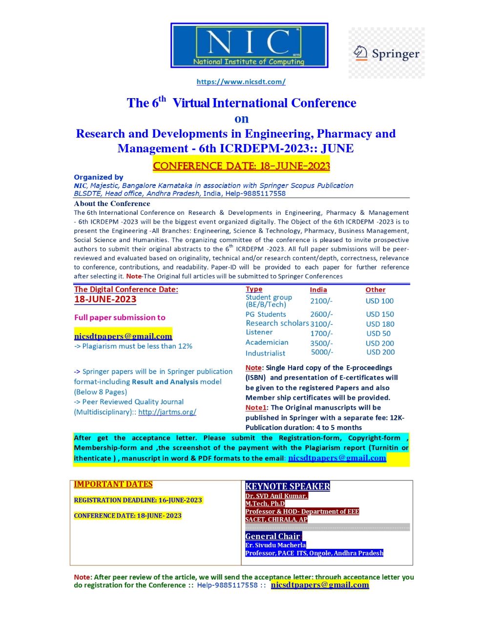 The 6th Virtual International Conference on Research and Developments in Engineering, Pharmacy and Management - 6th ICRDEPM-2023